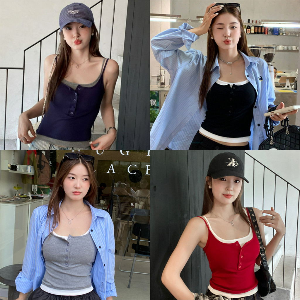 ⭐Soroh⭐เสื้อสายเดี่ยว มฟองน้ำ สีพื้น แต่งสองชั้น รัดรูป ผ้านิ่ม เสื้อครอป ฤดูร้อน น่ารัก#FY10125