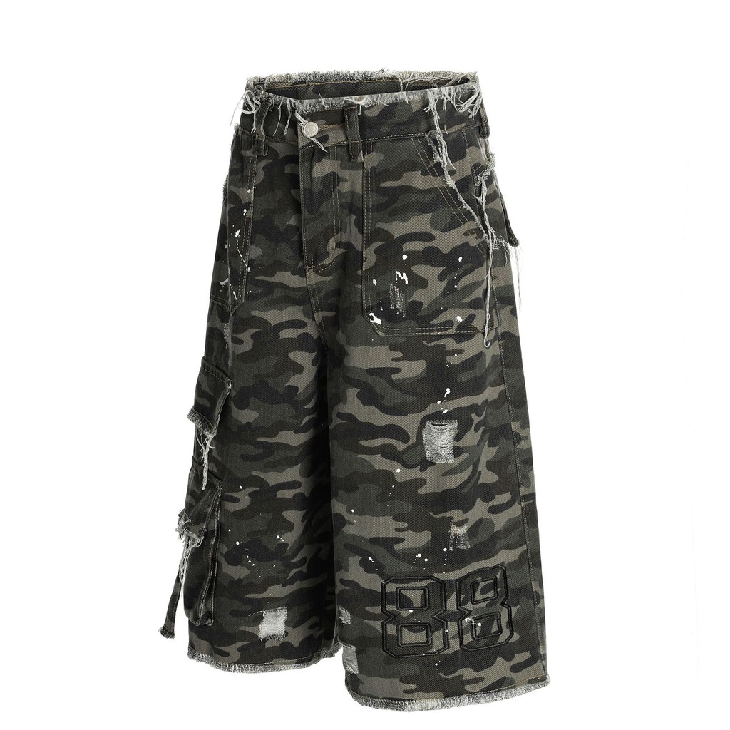 Vintage Camo Baggy Jorts Vintage Ink Splash Camouflage Ripped Shorts Summer Straight Seven-Point Pan