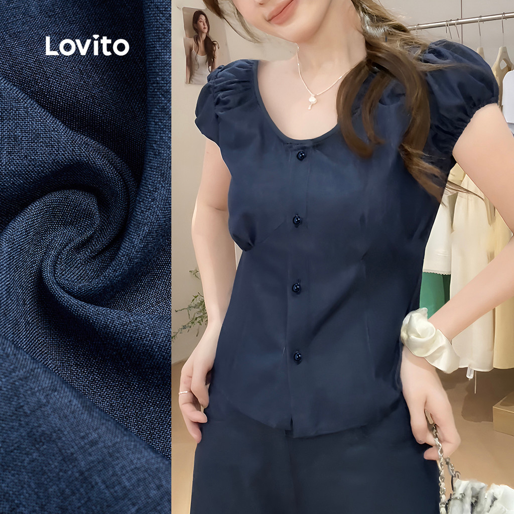 โลวิโต ผ้ายีนส์เทียมจีบพัฟแขนเสื้อปุ่มคาร์ดิแกนเสื้อลําลองคอ ยู BLB150PAD742
