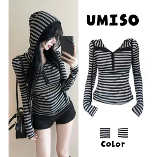 ส่งไวจากไทย มีฮู้ด เสื้อแขนยาวผู้หญิง ลําลอง สําหรับสตรี ลายทาง สไตล์วินเทจ แขนยาว 2สี UMISO