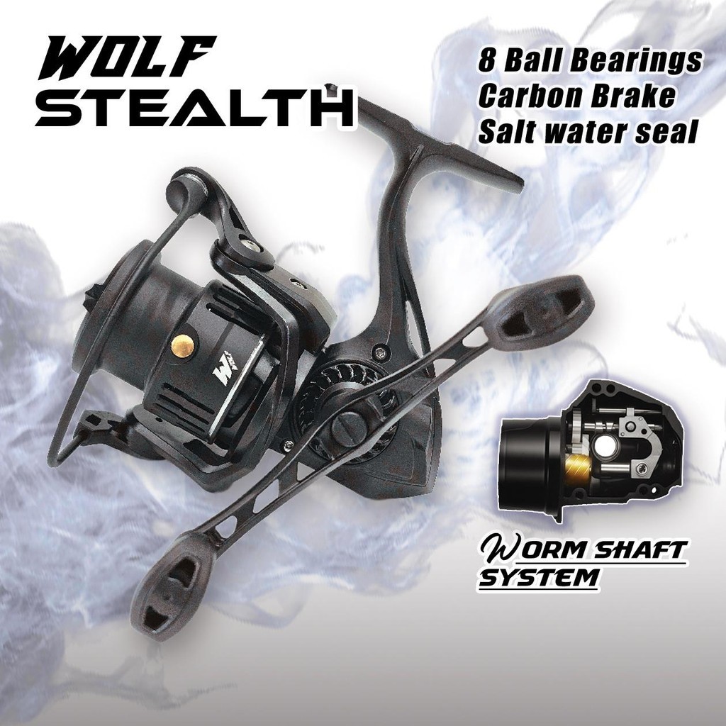 WOLF STEALTH รอกตกปลา ระบบเฟืองหนอน ทนน้ำเค็ม แขนคู่ เบรกคาร์บอน รอกสปิน ตกปลา 8 Ball Bearings WORM 