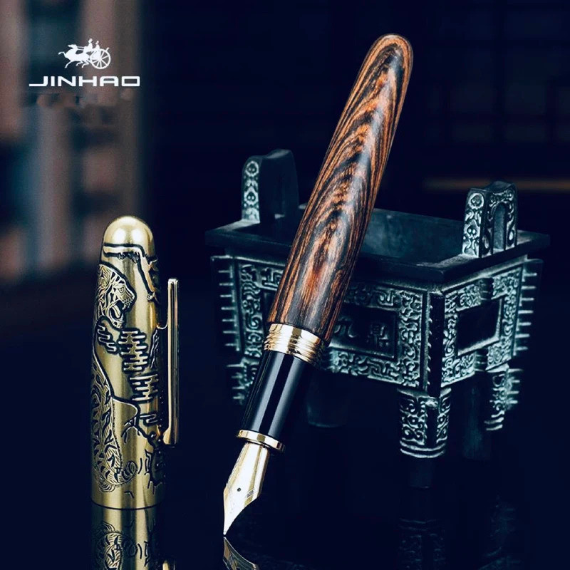 ที่ขายดีที่สุด Jinhao 9056 ไม้ Fountain ปากกา Ebony Relief Tiger Golden Ef การประดิษฐ์ตัวอักษรเครื่อ
