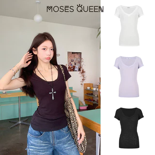 < MOSESQUEEN > เสื้อตัวเต็มตัวแขนสั้น คอต่ำ แบบยีนส์ สำหรับสาวๆ รุ่นย้อนยุค "ล่าเมย์" เสื้อสไตล์แฟชั่น ใส บาง และสีเดียว ที่เหมาะกับฤดูร้อน #62986