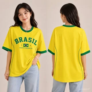 เสื้อบอลแฟชั่นผู้หญิง Brazil สีเหลืองเขียว คอกลม แขนสั้น ทรงโอเวอร์ไซส์ ผ้านิ่ม ใส่สบาย สไตล์สปอร์ต/ใส่เที่ยว