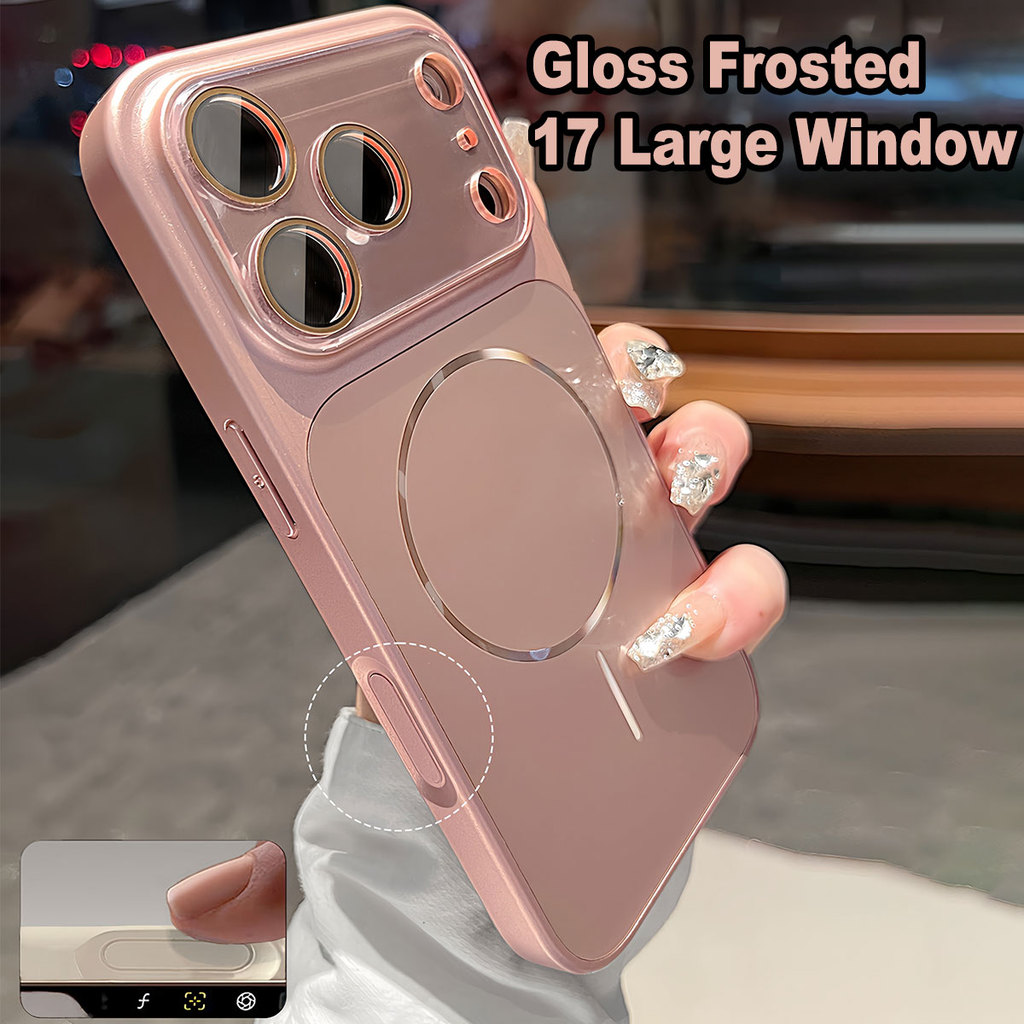 Rose Gold Gloss Frosted กลับหน้าต่างขนาดใหญ่แม่เหล็กกรณีป้องกันกล้องสําหรับ iPhone 12 13 14 15 16 17 Pro Max กรณี Enclosed Anti-fall กันกระแทกปกหลังขอบนุ่ม