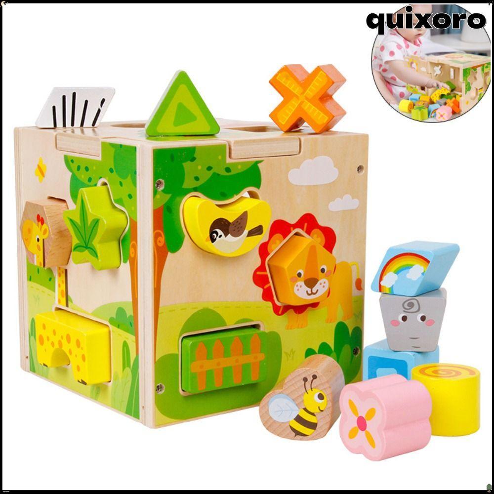 QUIXORO ไม้กิจกรรม Cube, การเรียนรู้ Cube Vintage ไม้รูปร่าง Sorter ของเล่น,คุณภาพสูงรูปแบบการจับคู่