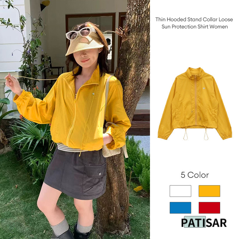 เสื้อเชิ้ตแขนสั้นมีฮู้ดคอตั้งทรงหลวมกันแดดสำหรับผู้หญิง เสื้อครอปแฟชั่นอเนกประสงค์ เสื้อคลุมกันแดด PR