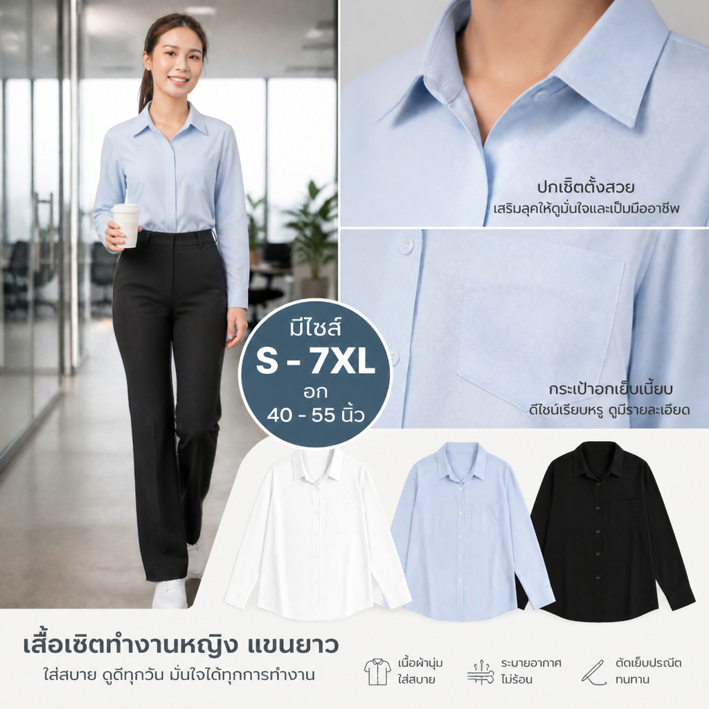 พร้อมส่ง  เสื้อเชิ้ตแขนยาว  S-5XL   โอเวอร์ไซต์ มีไซต์คลุมกันแดด ใส่ทำงาน