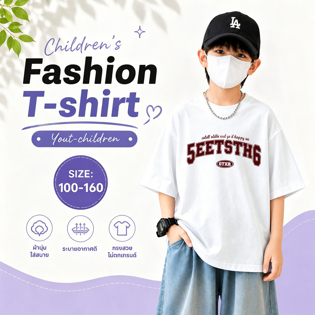 Yout-children เสื้อเด็ก cotton เสื้อคอกลม ลายพิมพ์แฟชั่น ใส่สบาย เสื้อกีฬา 'EETSTH' COD