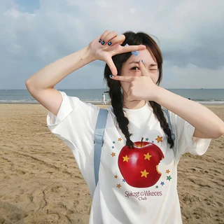 【ส่งจากไทย】🍎💫เสื้อยืดคอกลม แขนสั้น โอเวอร์ไซส์ พิมพ์ลายแอปเปิ้ล สวมใส่สบาย COD