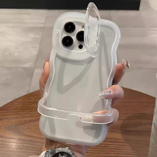 Simple เลนส์โปร่งใสพับวงเล็บเคสโทรศัพท์สําหรับ IPhone 11 16 15 14 Pro Max 12 13 ProMax 16plus ซ่อนขาตั้งผู้ถือกรอบหนากันกระแทก Soft TPU โทรศัพท์ปกหลัง