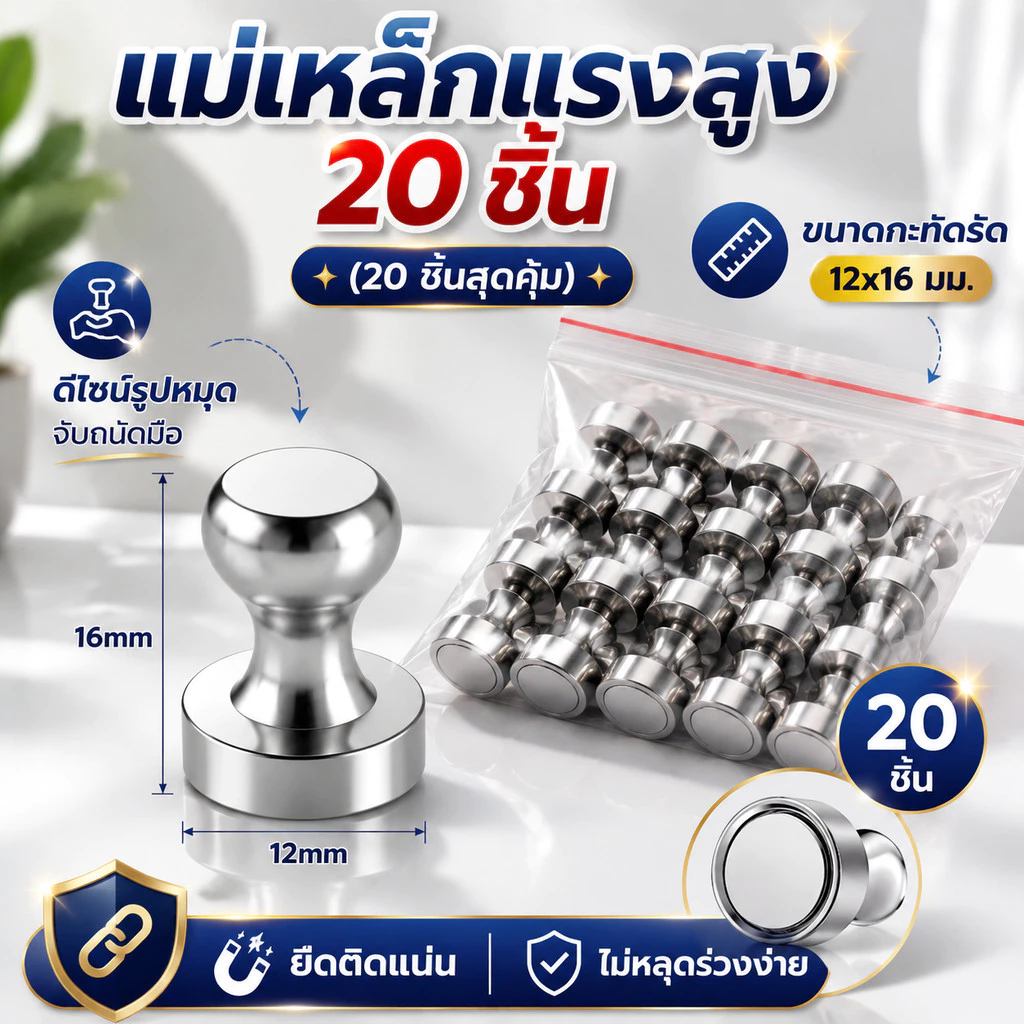 แม่เหล็ก Pushpins 20ชิ้น แข็งแรง ใช้ติดตู้เย็น ไวท์บอร์ด แม่เหล็กนีโอไดเมียม หนึบแน่น สั่งเลย