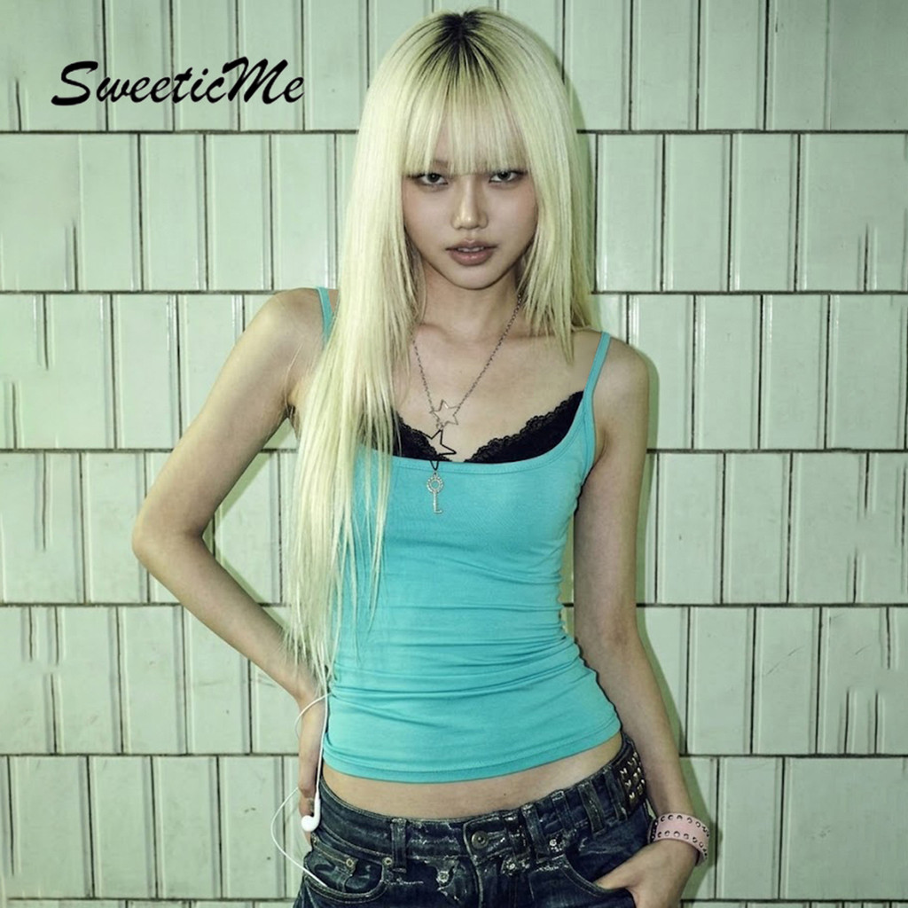 SweeticMe ผู้หญิง 2026 ใหม่แฟชั่นเซ็กซี่ลูกไม้ Splicing Casual Street สายคล้องคอ Camisole + กางเกงขาสั้นชุด — صورة 4