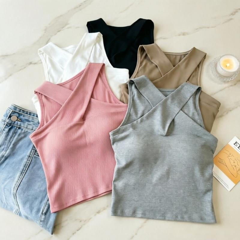 (S-3XL)เสื้อเปิดไหล่สีพื้น ผ้าอ่อนนุ่ม มีบราในตัว ใส่ประจำวัน
