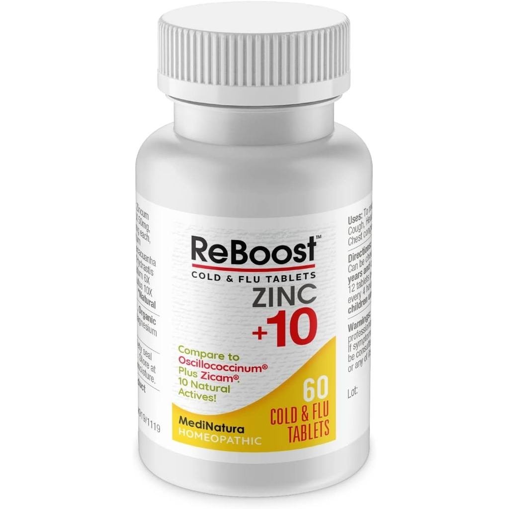 MediNatura ReBoost Cold & Flu Tablets Zinc +10 – Multi-Symptom Relief for Body Aches, Huag, Cough, R