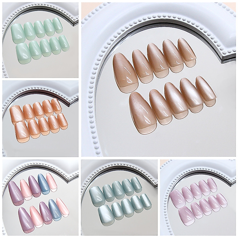 Handmade 10 ชิ้นสีทึบ Cat Eyes คริสตัลเล็บปลอมสติกเกอร์เยลลี่เงา Cat Eye Design สวมใส่เล็บปลอม