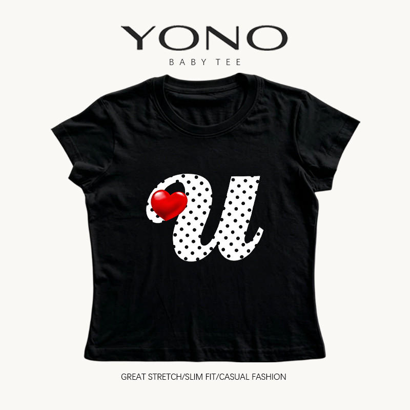 (พร้อมส่ง24ชม.) baby tee สีดำ ลายตัวอักษรลายจุดหัวใจ ฟีล y2k หวานแซ่บ ทรงเข้ารูป ใส่ชิคทุกวัน