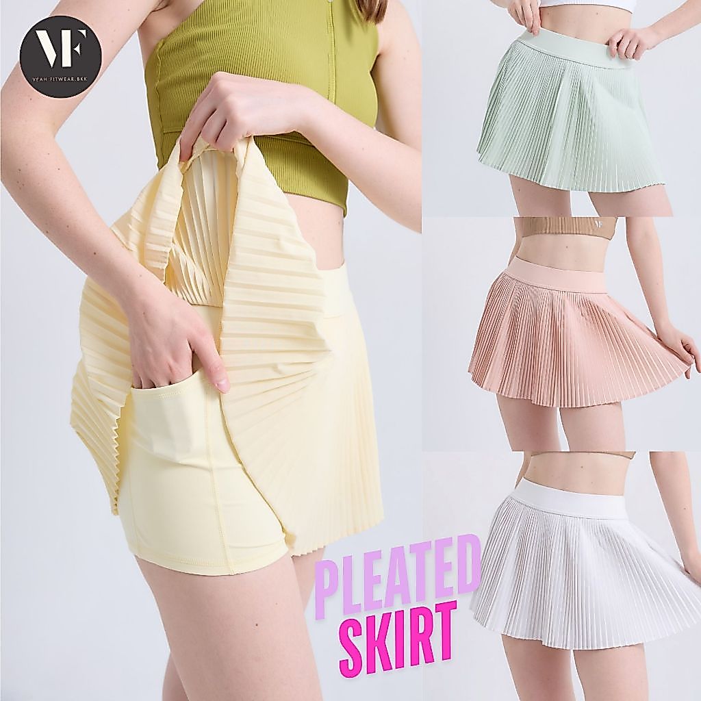 VF- Pleated Skirt: กระโปรงเทนนิสผู้หญิงกระโปรงพลีทสั้น กระโปรงกีฬา มีซับกางเกงด้านใน มีช่องกระเป๋า