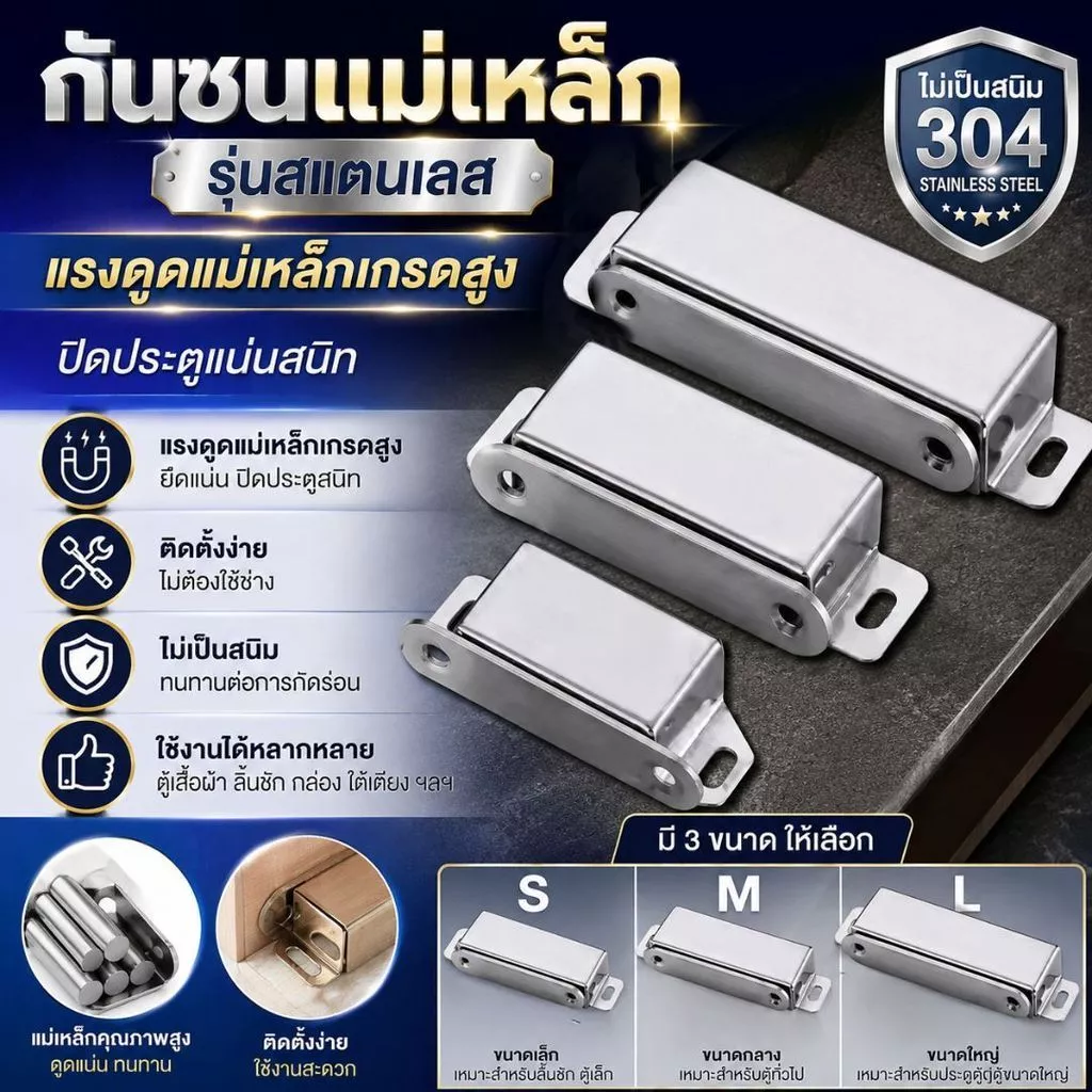 แม่เหล็กติดบานประตู Door Magnet แม่เหล็กประตู สีเงิน ขนาด 45MM / 53MM / 70MM ตัวดูดประตูแม่เหล็ก
