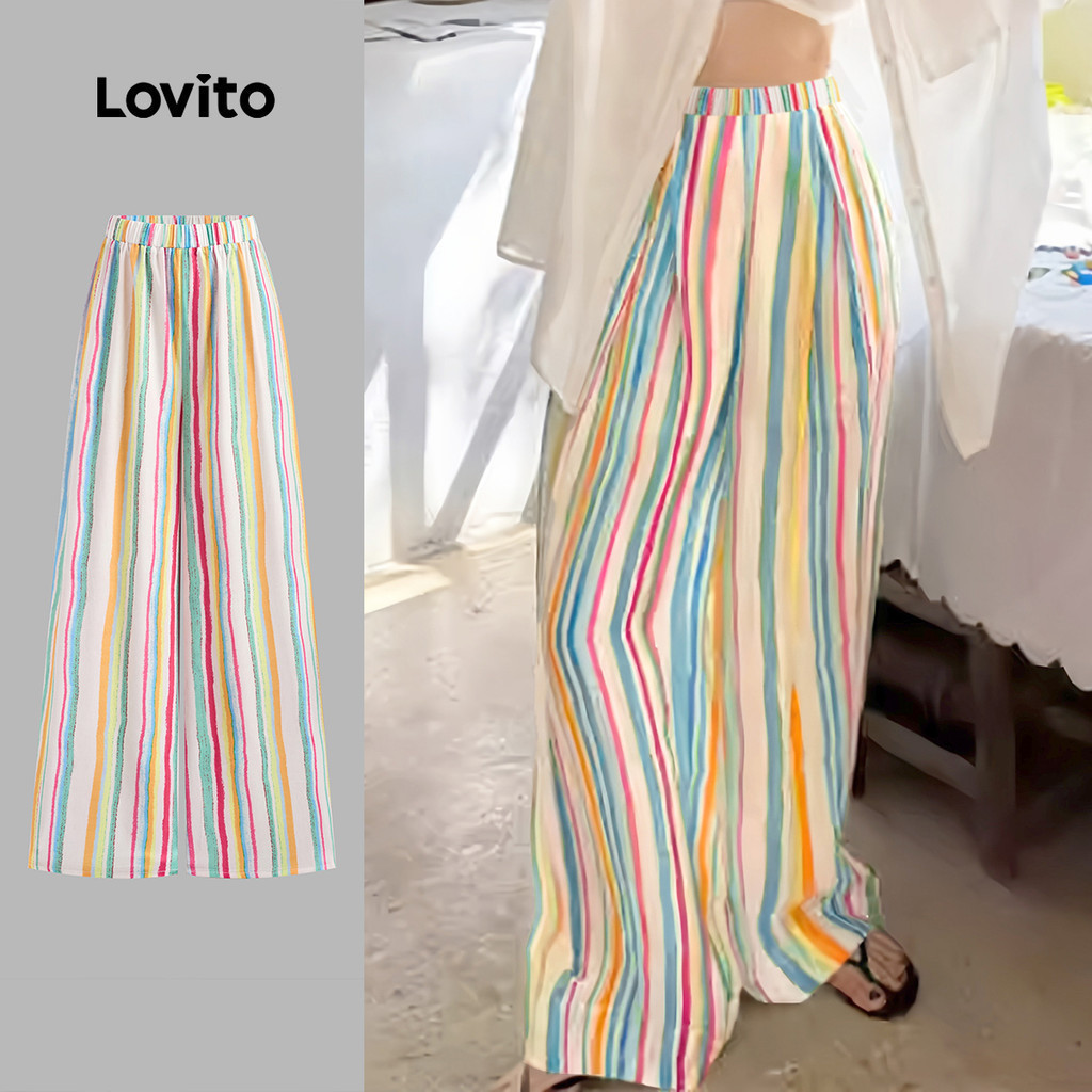 Lovito โบโฮ กางเกงโบฮีเมียนลายทางสีรุ้งแบบบล็อกสีสำหรับฤดูร้อน/ฤดูใบไม้ผลิสำหรับผู้หญิง L133AD151