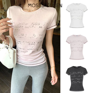 MOSESQUEEN มอสเซควีน เสื้อยืดแขนสั้นพิมพ์ลายตัวอักษรสไตล์อเมริกันดีไซน์คอกลมเข้ารูปเหมาะกับผู้ชาย #63748