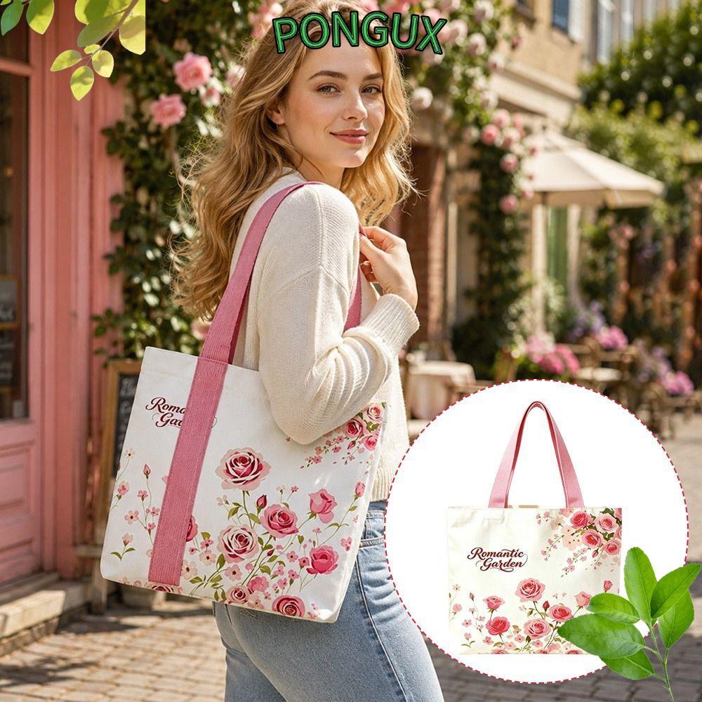 PONGUX Canvas Tote Bag, กระเป๋าสะพายน้ําหนักเบาความจุขนาดใหญ่, กระเป๋าช้อปปิ้งแบบใช้ซ้ําได้ลายดอกไม้แบบพกพาสําหรับทํางาน