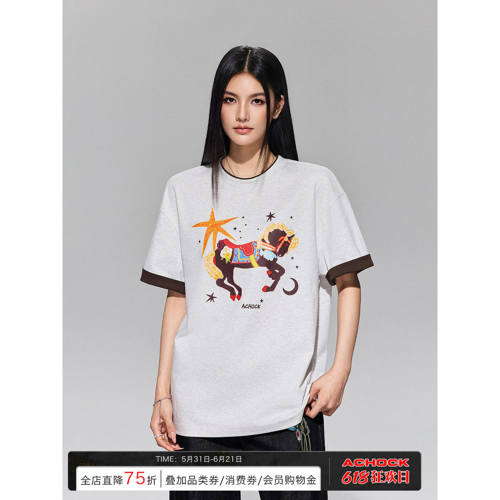 Achock Official Store Street Wear Creative Galalid Horse พิมพ์ Bottoming ด้านบนฤดูร้อนสไตล์ใหม่แขนสั