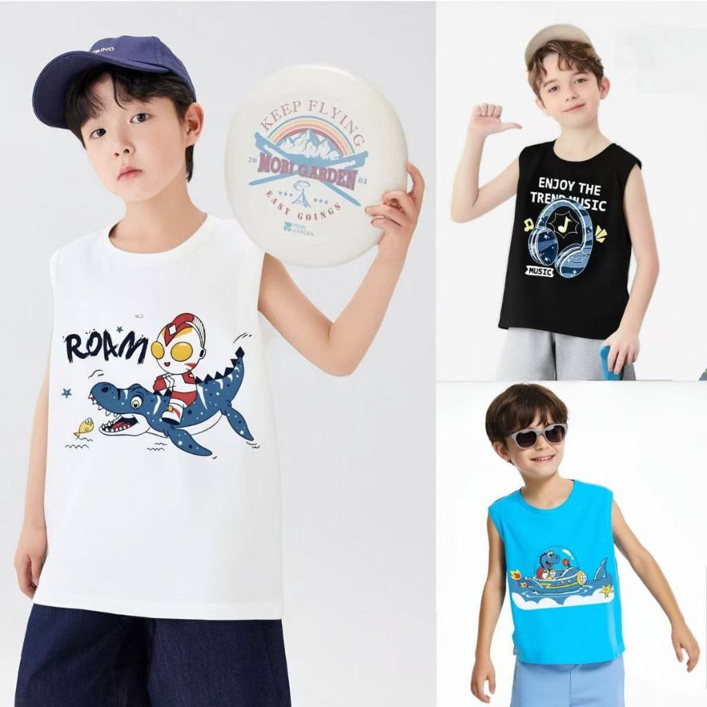 ผ้าฝ้ายแขนกุดการ์ตูนพิมพ์เสื้อลําลองสําหรับเด็กชายอายุ 3-12 ปีเสื้อยืดคุณภาพสูงระบายอากาศได้แขนสั้นสบายและมีสไตล์เหมาะสําหรับผู้ช