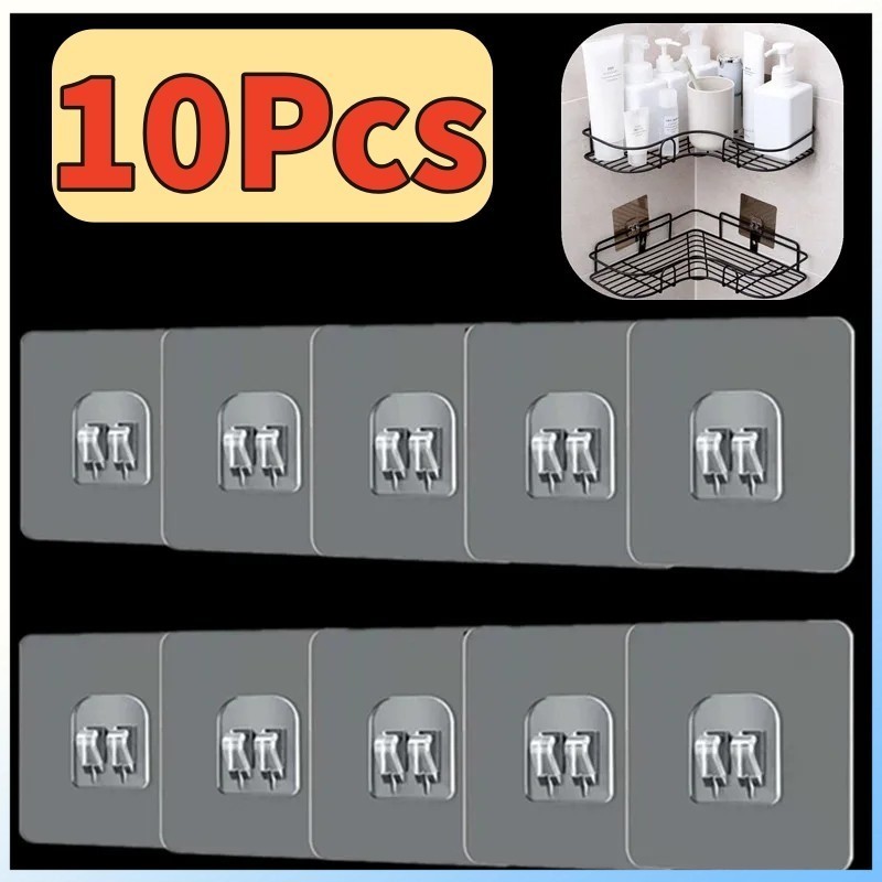 สติกเกอร์ตะขอคู่โปร่งใส 10 ชิ้น - ติดผนังตะขอกรงเล็บคู่สําหรับงานหนัก - ตะกร้าอาบน้ําในห้องน้ําราวแขวน