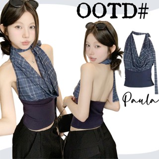 Paula พร้อมส่ง🌴เสื้อกคล้องคอ🌴ลายสก็อต เสื้อครอป ผูกคอ เข้ารู…