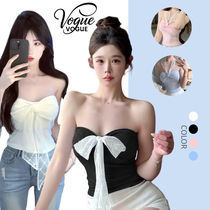 Vogue🌟พร้อมส่ง🌟 เสื้อเกาะอก เสริมฟองน้ำ ดีเทลแต่งสายเพิ่มคล้องคอ สีพาสเทล (FYL3325)