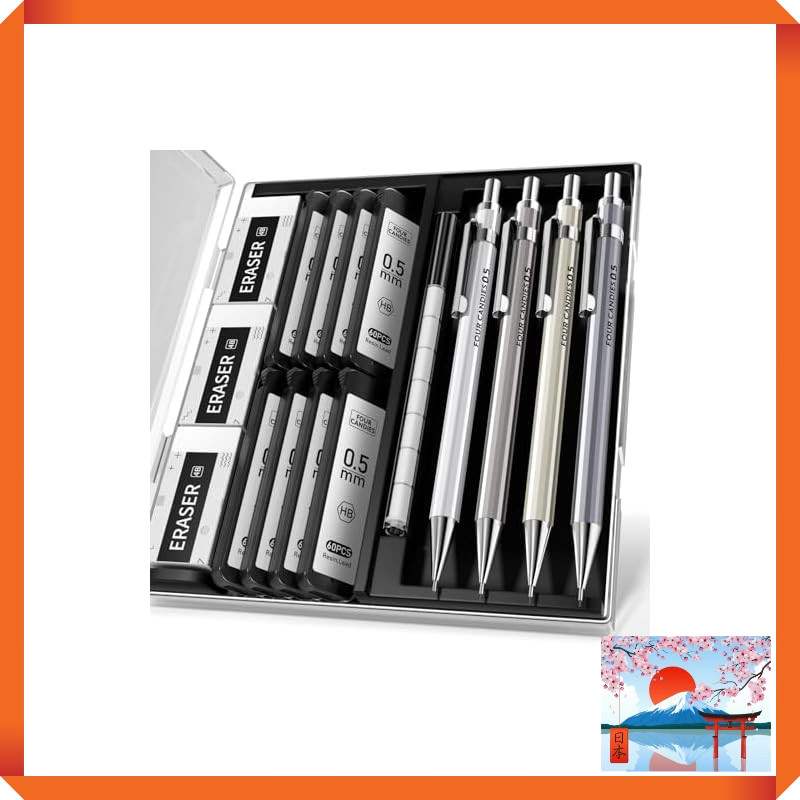 Four Candies Metal Mechanical Pencil Set - 4 Pencils in 0.5mm, 0.7mm, and 0.9mm with Case, HB Lead R