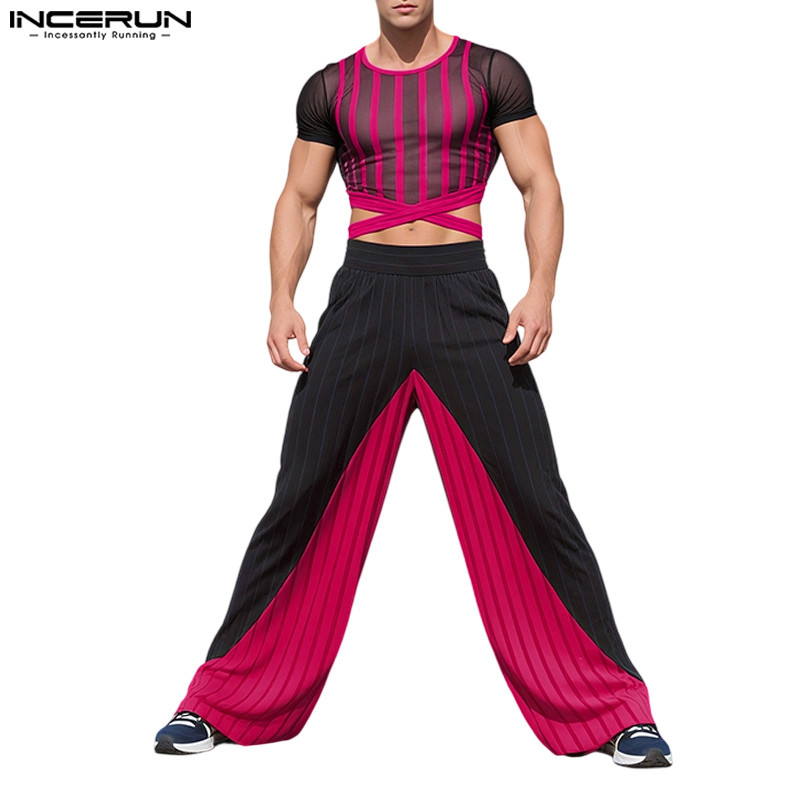 INCERUN เสื้อยืดแขนสั้นผู้ชายลายมุมมองตาข่าย กางเกงขายาวชุดลำลอง