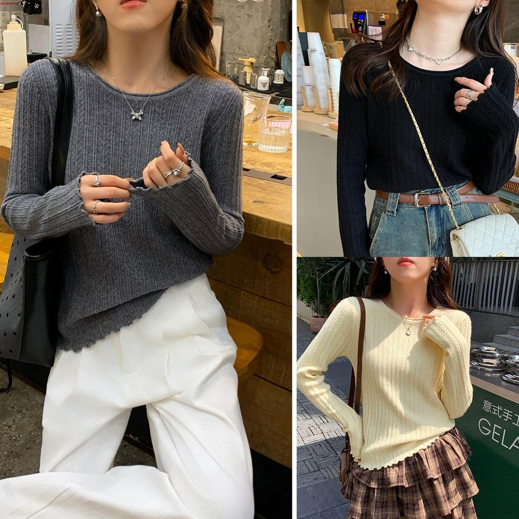 Chili Koko เสื้อฐานสำหรับผู้หญิง สีขาว เสื้อถักน่าระทึกใจ เสื้อเชิ้ตผู้หญิงคอกลมแขนยาวถัก (ทรงบาง)  88017