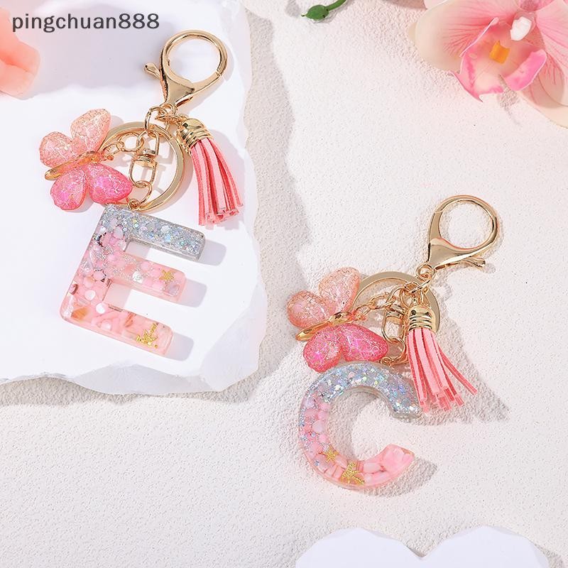 Pingchuan888 AZ Dreamy เลื่อมตัวอักษรพวงกุญแจผู้หญิง sel จี้ผีเสื้อเริ่มต้นพวงกุญแจกระเป๋า Suspensio