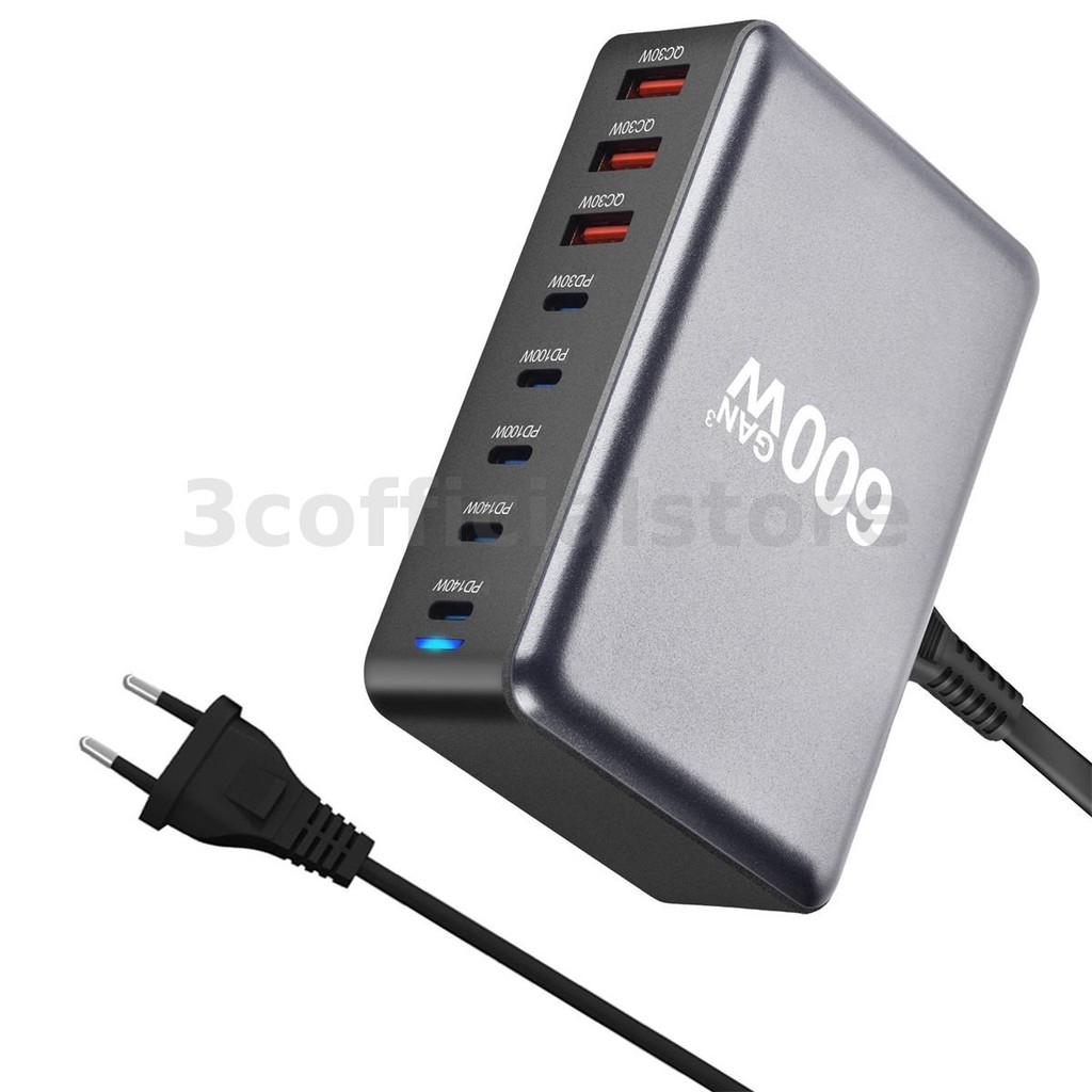 [GaN Tech] YMX-600W 600W 8-Port USB PD Charger 5USB-C+3USB-A QC PD3.1 Fast CHARGING Desktop Charger 