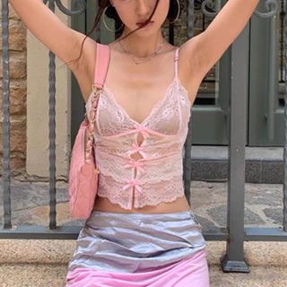 💗beachgirl💗คอวี ลูกไม้ เสื้อแขนกุด บางและเบา เปลือยหลัง สีชมพู เสื้อเชิ้ตสายเดี่ยว เชือกผูก สไตล์เกาหลี