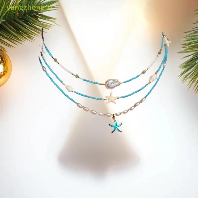 [หยางเจิ้งfff] สร้อยคอปลาดาวมุกหลายชั้นสไตล์โบฮีเมียนแฟชั่นเลียนแบบสมบัติทะเลดาวสดฤดูร้อนสร้อยคอใสขน