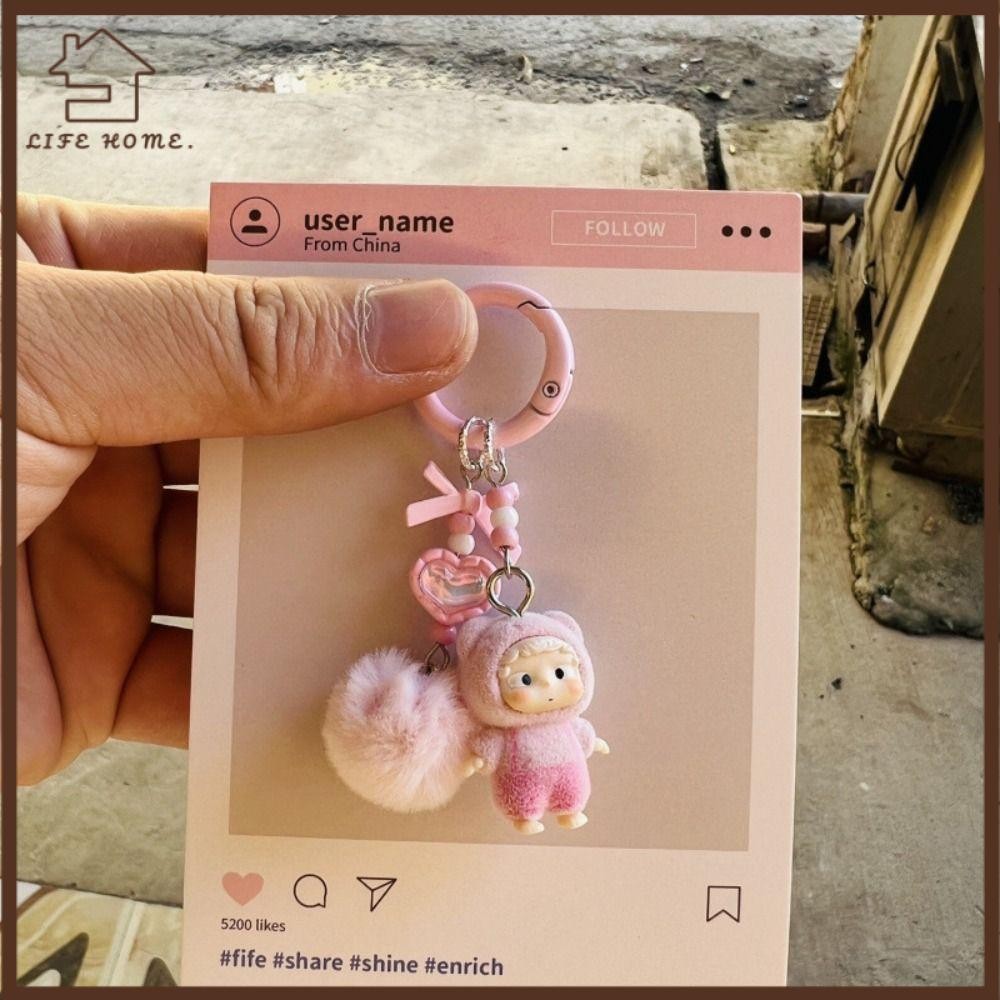 จี้กระเป๋า YELGIRL, Flocking การ์ตูน Heyone Ozai พวงกุญแจ, น่ารัก POPBEANS Overalls ตุ๊กตาพวงกุญแจรถ