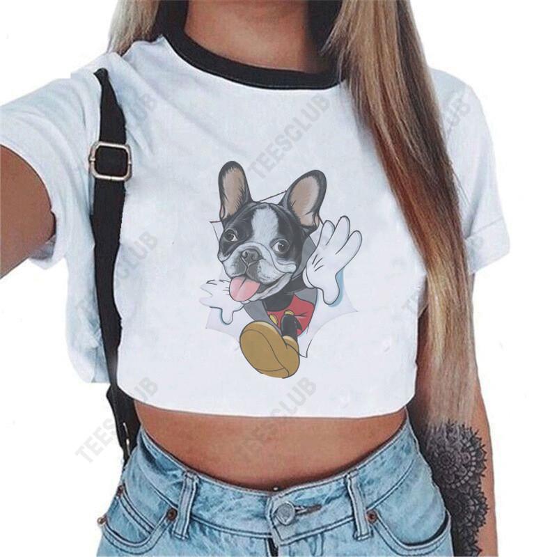 เสื้อยืดสไตล์.crop.top ลาย French Bulldog พิมพ์ท้องnavel ใหม่ล่าสุด