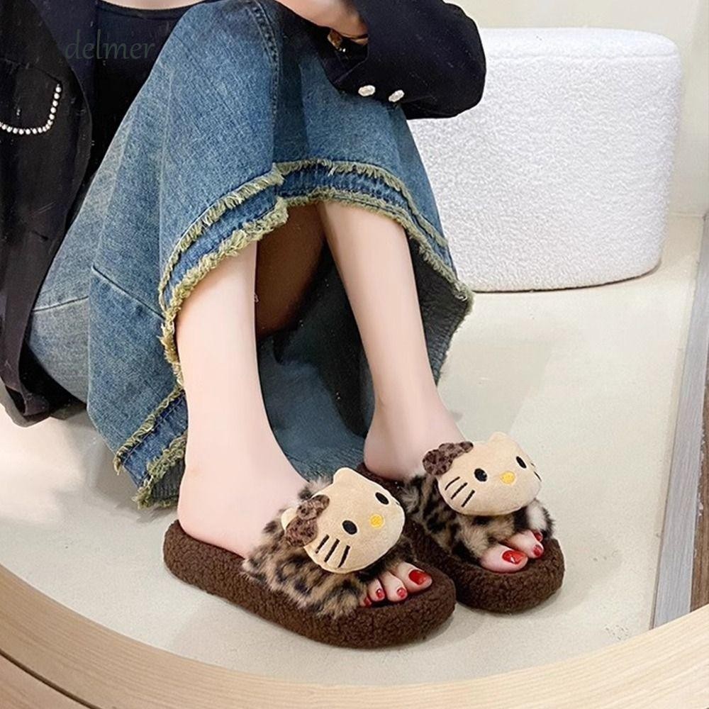 DELMER รองเท้าแตะตุ๊กตาคิตตี้, รองเท้าแตะขนอุ่นกันลื่นขนปุย, บ้านอนิเมะนักเรียนในร่มกลางแจ้ง Y2k รองเท้าแตะเสือดาวฤดูหนาว