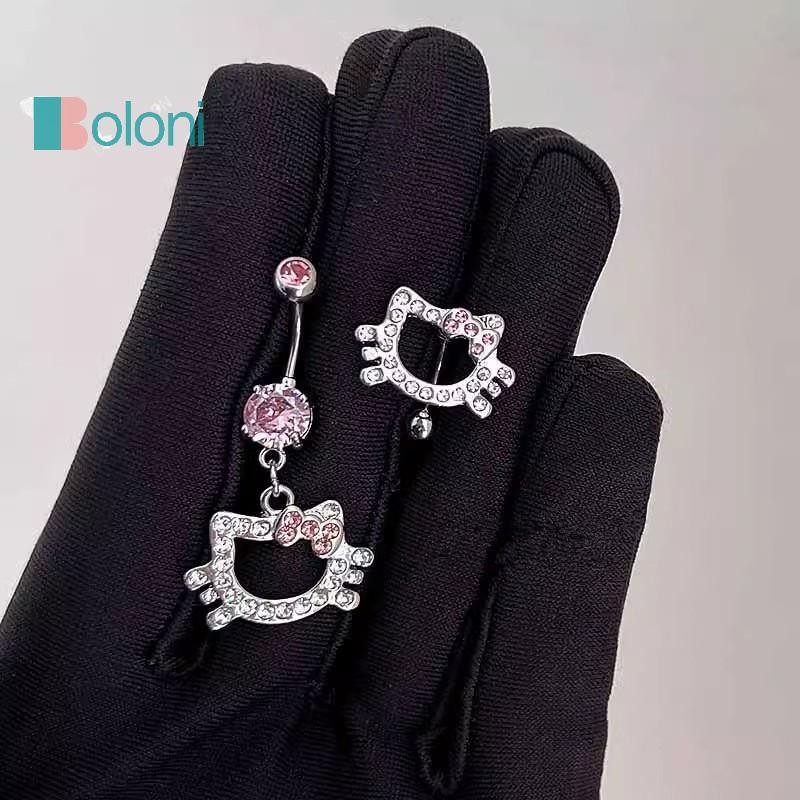 [Boloni] คริสตัลสีชมพู Kitty Heart Belly Button Ring เจาะเครื่องประดับเซ็กซี่ตกแต่งด้วย Rhine Stone