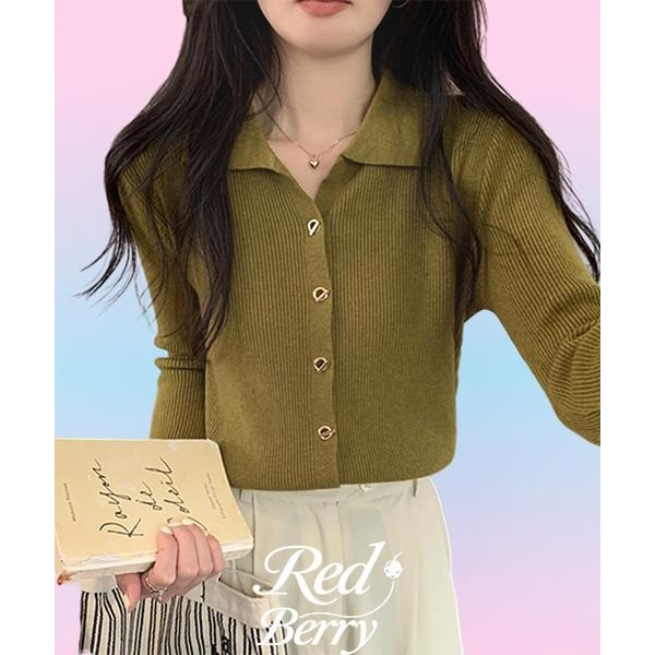 Red Berryเสื้อสเวตเตอร์คาร์ดิแกนถักคอโปโลสไตล์เกาหลีสไตล์ฤดูใบไม้ผลิA116