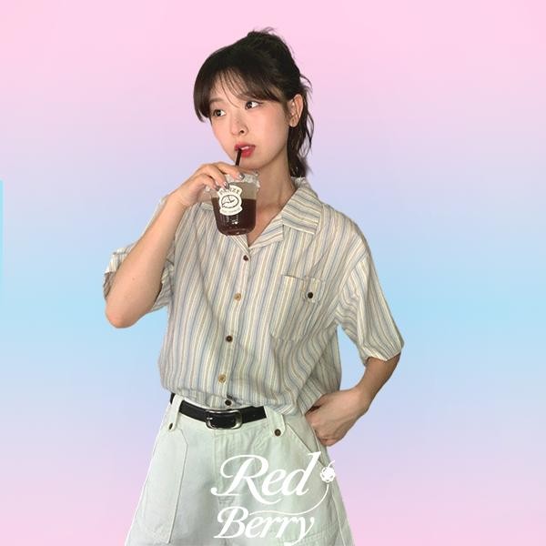 Red Berryเสื้อเชิ้ตผู้หญิงฤดูร้อนผ้าฝ้ายแท้ลายทางเสื้อเชิ้ตแขนสั้นสไตล์ฝรั่งเศสเก๋ไก๋W437