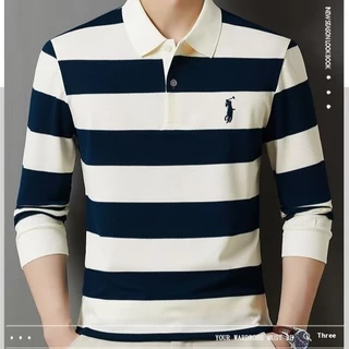 TLHGQ เสื้อโปโลลายทางแขนยาวสำหรับผู้ชาย ใส่แล้วสบาย มีสไตล์