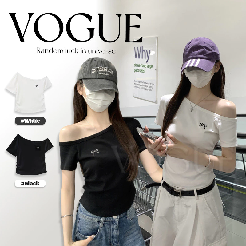 Vogue🌟พร้อมส่ง🌟 เสื้อแขนสั้น เปิดไหล่ แต่งลายโบว์ที่หน้าอก สีพื้น เรียบร้อย (FYP80)