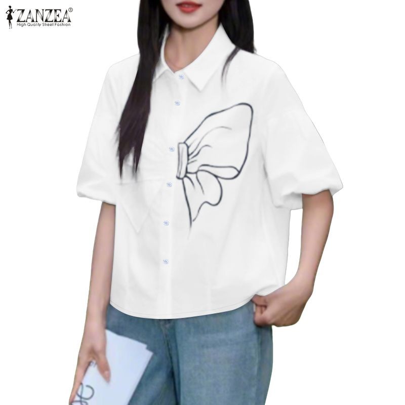 ZANZEA เสื้อแฟชั่นเกาหลีสำหรับผู้หญิง ออกแบบตัวเสื้อกับปกหันลง แขนบาน และโบว์คล้องคอ สไตล์ทันสมัย