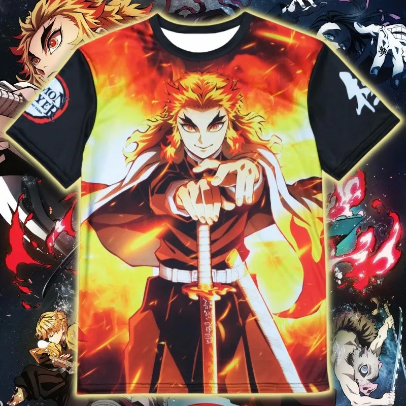 Demon Slayer All Over พิมพ์เสื้อยืด Kyojuro Rengoku Unisex อะนิเมะญี่ปุ่น 3D พิมพ์เสื้อผ้าเสื้อยืดผู้ชายยืด Y2k