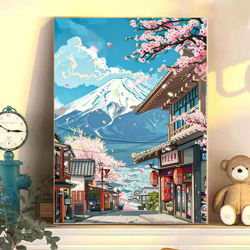 ภาพวาดสีน้ำมันดิจิตอลของภูเขาฟูจิ แบบ DIY สำหรับการระบายสีและลดความเครียด พร้อมตกแต่งห้องนั่งเล่นอย่างสวยงาม