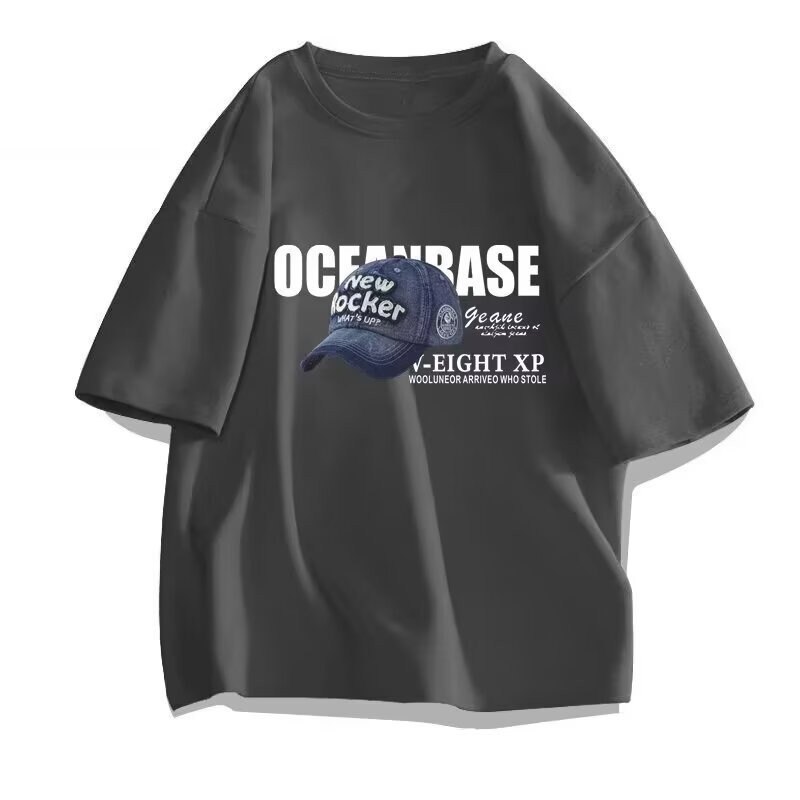 COD 20252025 Hong Kong Style Ins New T-Shirt Men Heavyweight Printed Short Sleeve Round Neck Half Sl